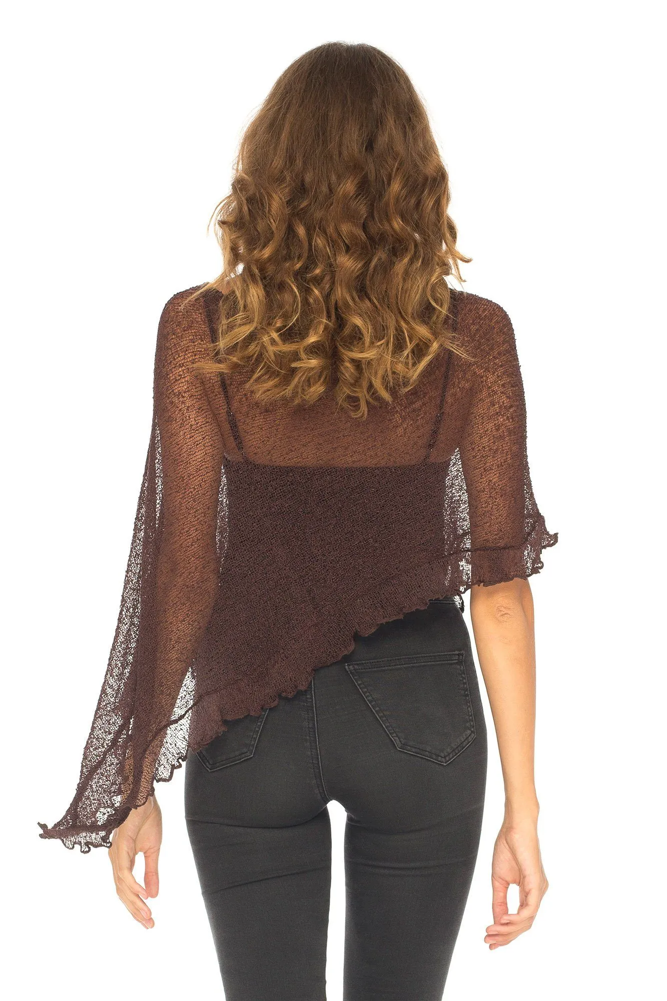 SHU-SHI Womens Sheer Poncho Shrug Lightweight Knit Ruffle Pullover Sweater Top