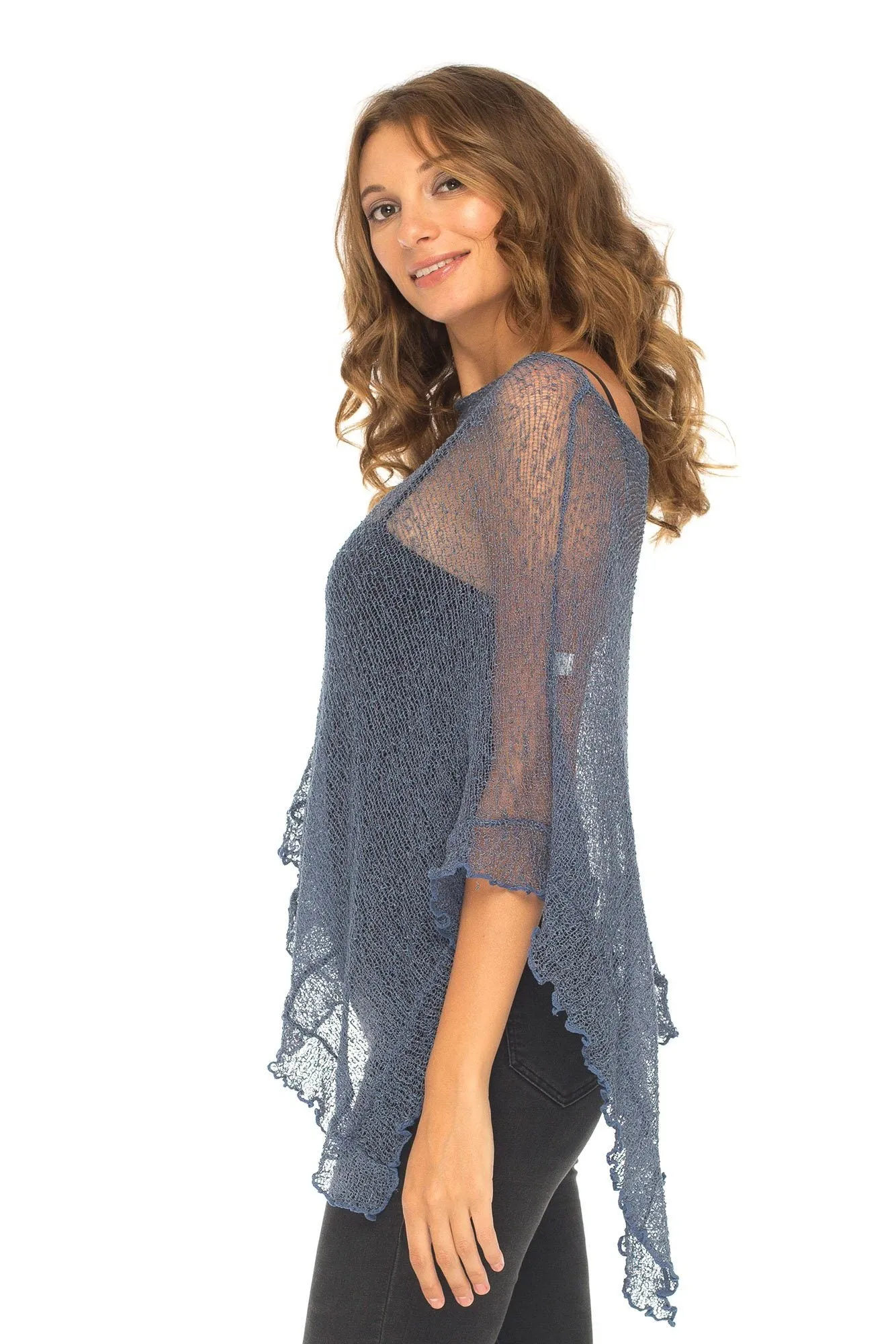 SHU-SHI Womens Sheer Poncho Shrug Lightweight Knit Ruffle Pullover Sweater Top