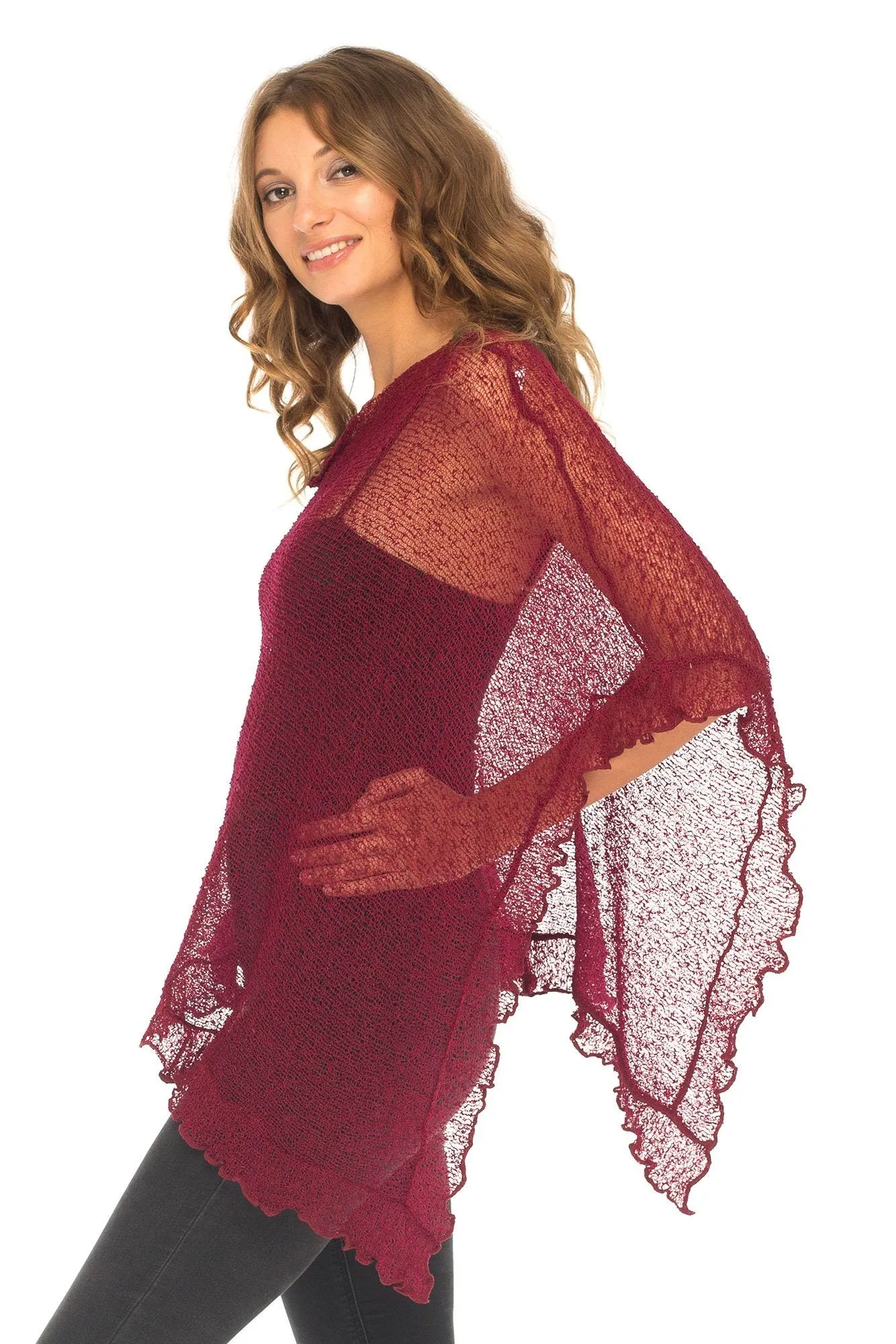 SHU-SHI Womens Sheer Poncho Shrug Lightweight Knit Ruffle Pullover Sweater Top