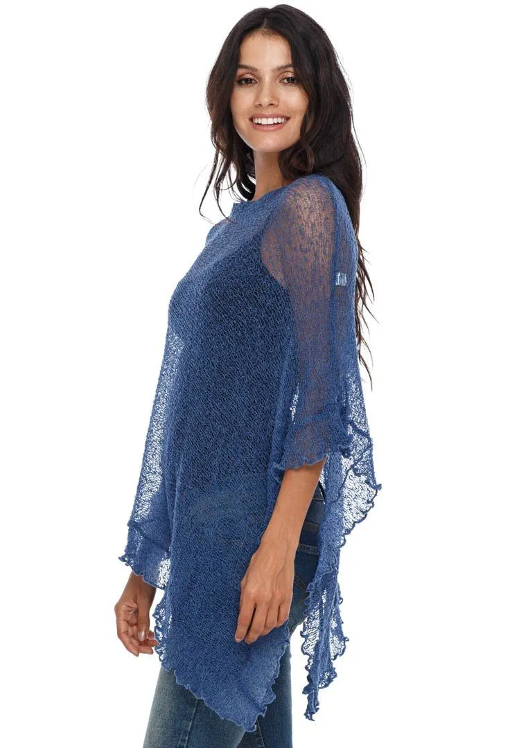 SHU-SHI Womens Sheer Poncho Shrug Lightweight Knit Ruffle Pullover Sweater Top