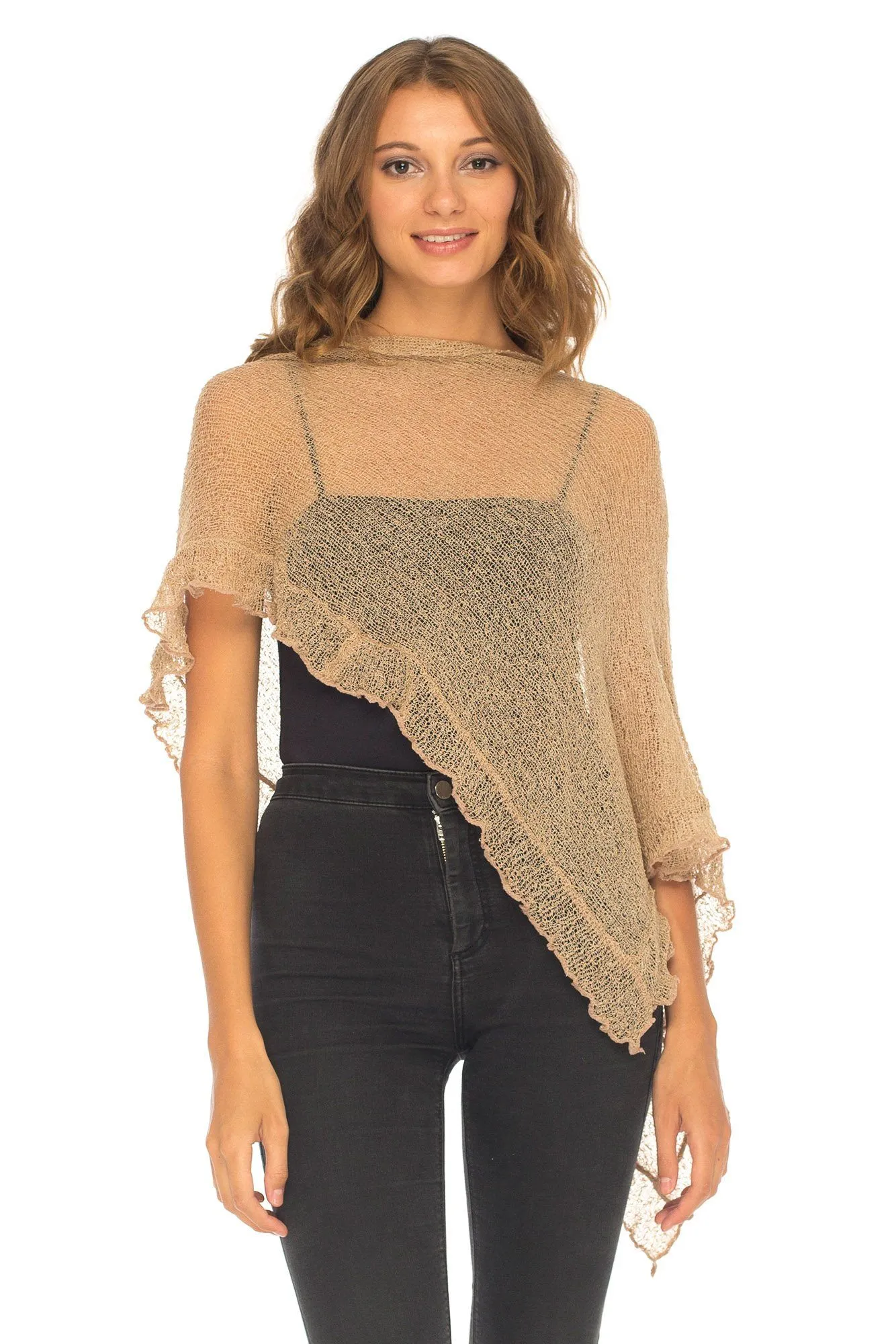 SHU-SHI Womens Sheer Poncho Shrug Lightweight Knit Ruffle Pullover Sweater Top