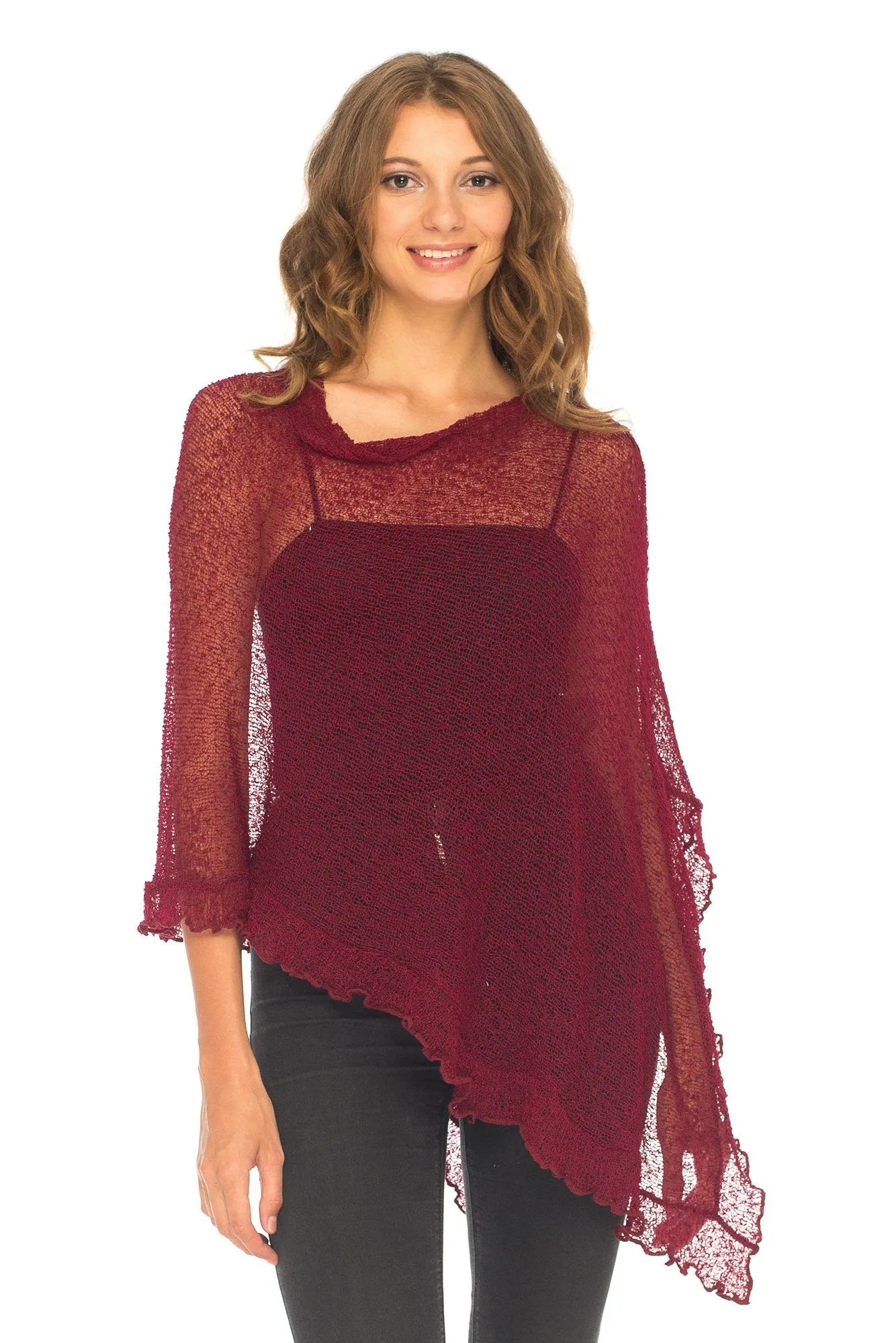 SHU-SHI Womens Sheer Poncho Shrug Lightweight Knit Ruffle Pullover Sweater Top