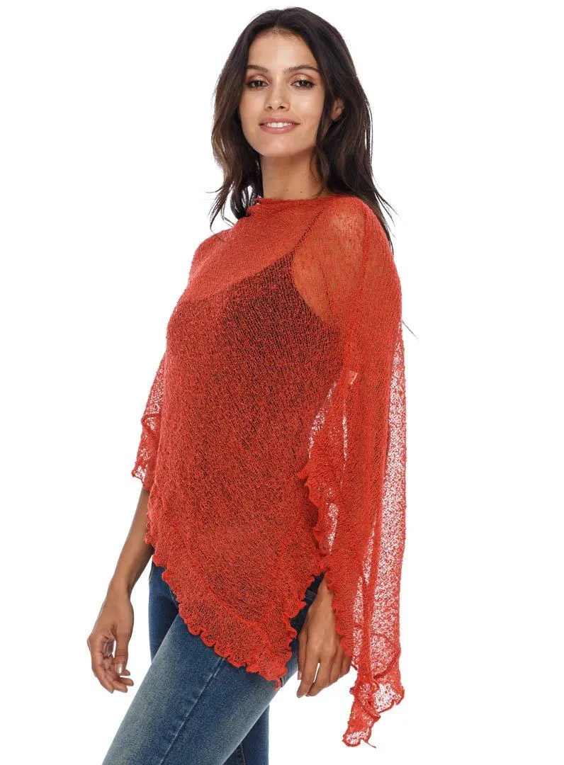 SHU-SHI Womens Sheer Poncho Shrug Lightweight Knit Ruffle Pullover Sweater Top