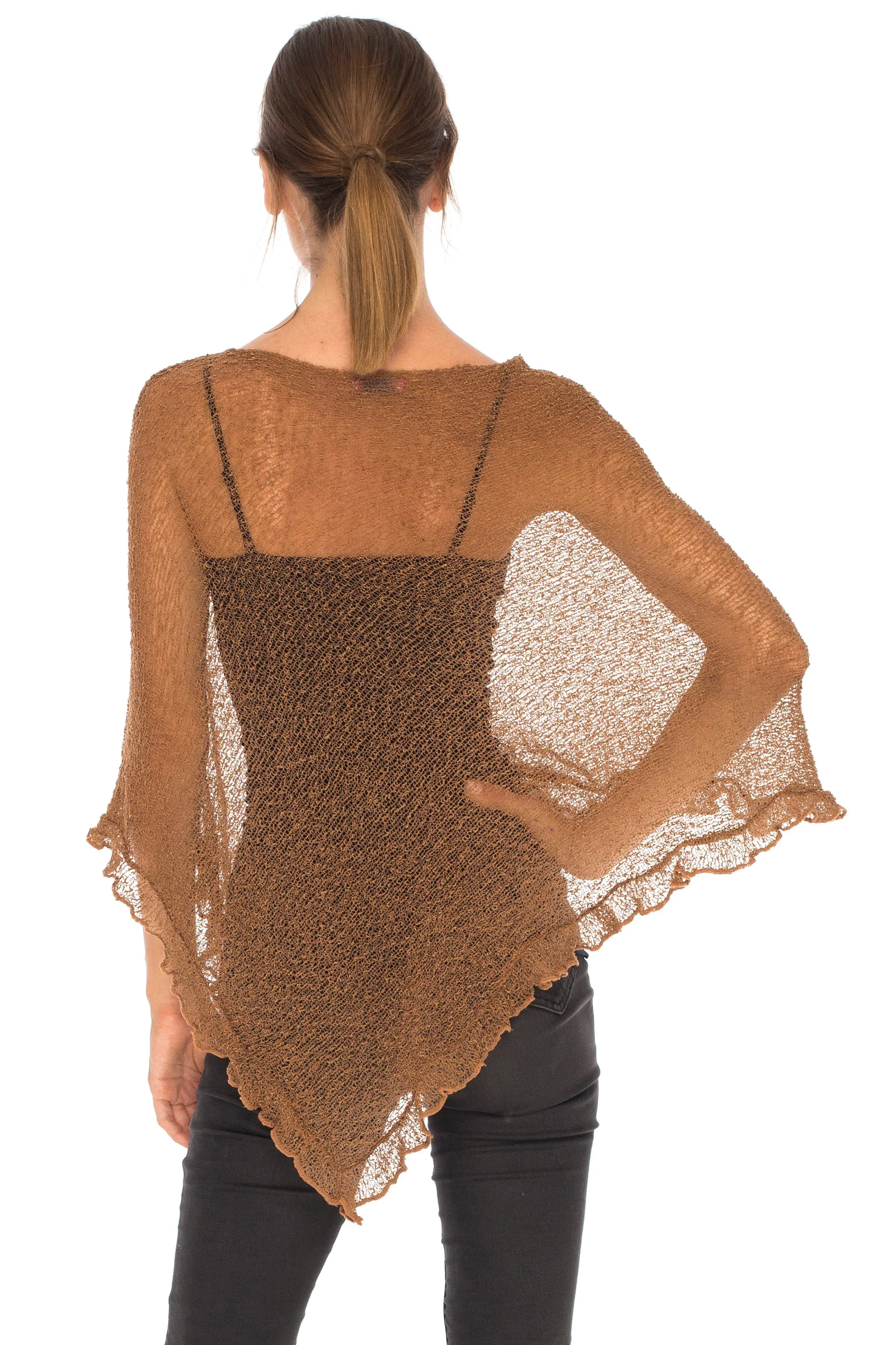 SHU-SHI Womens Sheer Poncho Shrug Lightweight Knit Ruffle Pullover Sweater Top