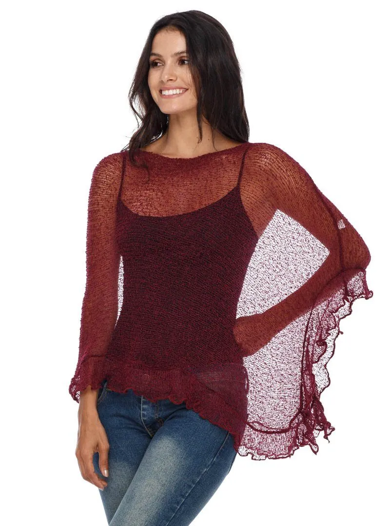 SHU-SHI Womens Sheer Poncho Shrug Lightweight Knit Ruffle Pullover Sweater Top