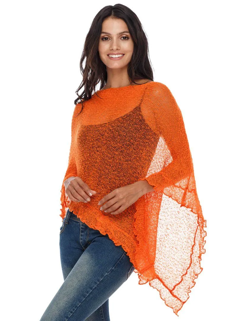 SHU-SHI Womens Sheer Poncho Shrug Lightweight Knit Ruffle Pullover Sweater Top