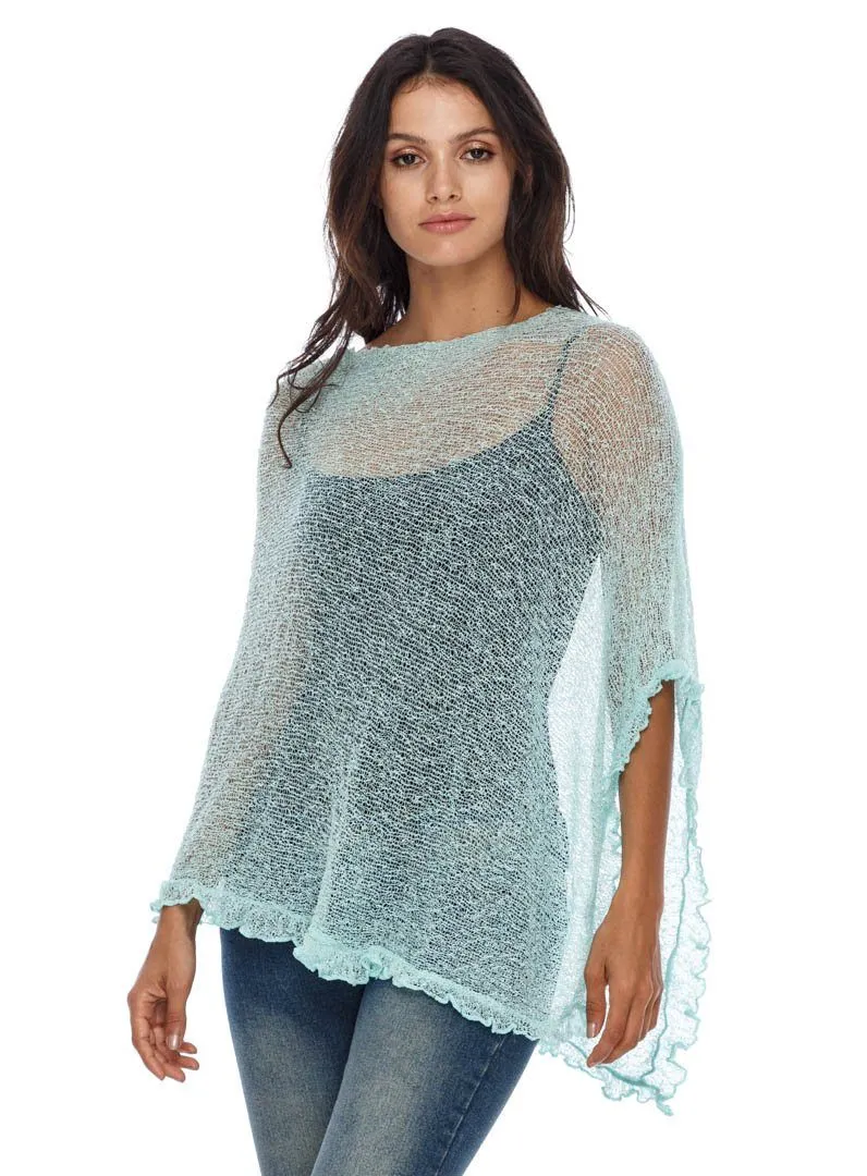 SHU-SHI Womens Sheer Poncho Shrug Lightweight Knit Ruffle Pullover Sweater Top