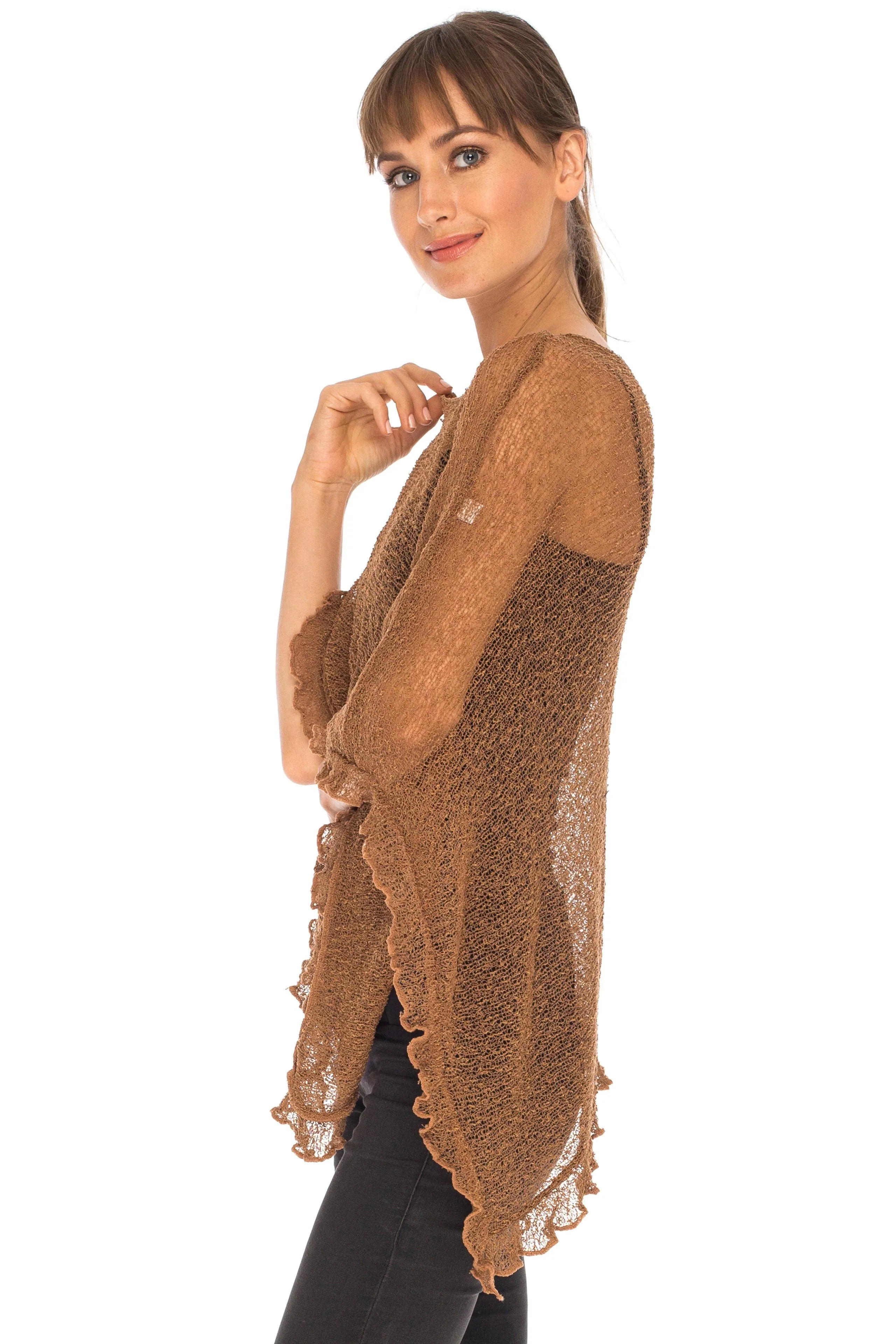 SHU-SHI Womens Sheer Poncho Shrug Lightweight Knit Ruffle Pullover Sweater Top