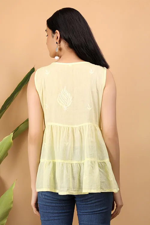 Shwet Women Yellow Chikankari Sleevless Tier Top - 291