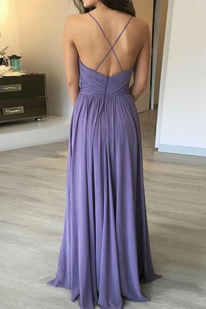 Simple A Line V Neck Backless Long Lavender Prom Dress, Backless Lavender Bridesmaid Dress, V Neck Backless Lavender Formal Graduation Evening Dress