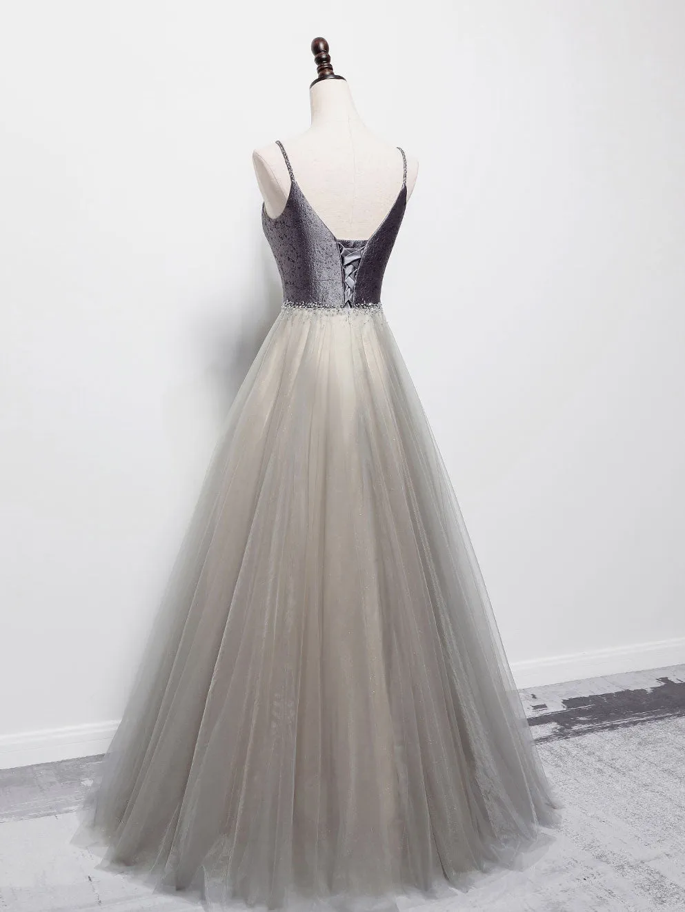 Simple Gray V Neck Tulle Long Prom Dress, Gray A line Gray Formal Dresses