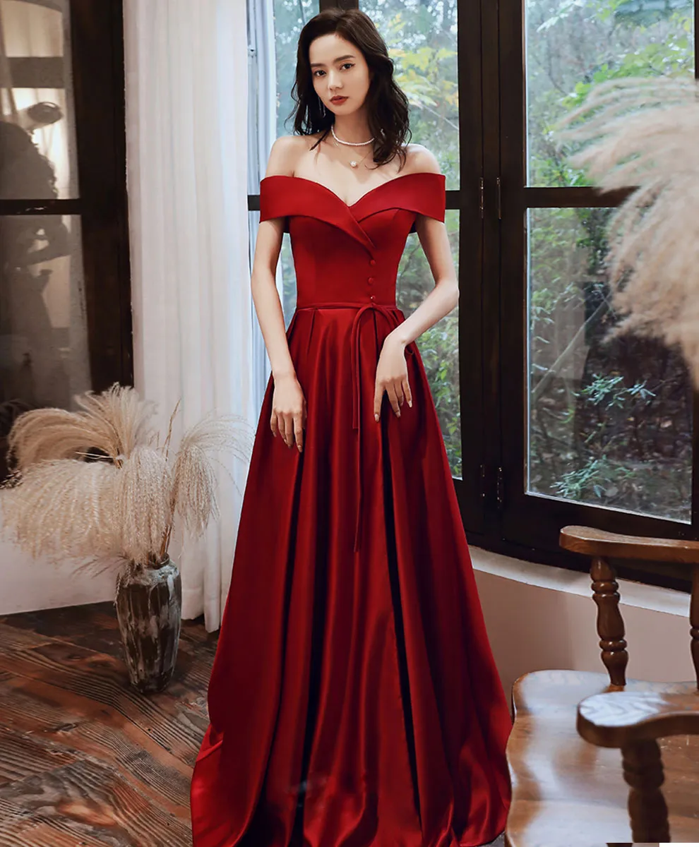 Simple V Neck Off Shoulder Satin Long Prom Dress Evening Dress