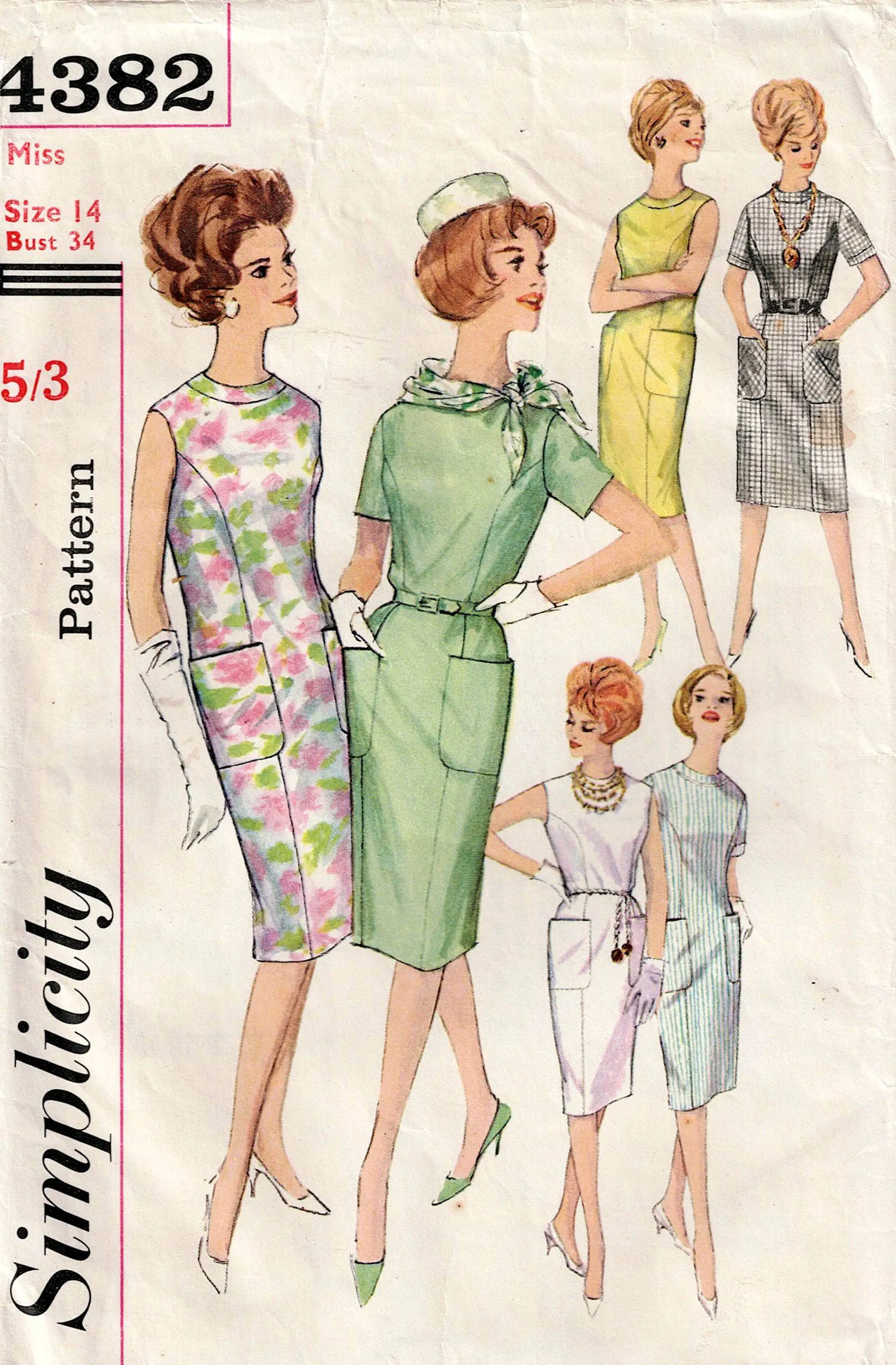 Simplicity 4382 Womens Princess Cut Sheath Dress with Pockets 1960s Vintage Sewing Pattern Size 14 Bust 34 inches