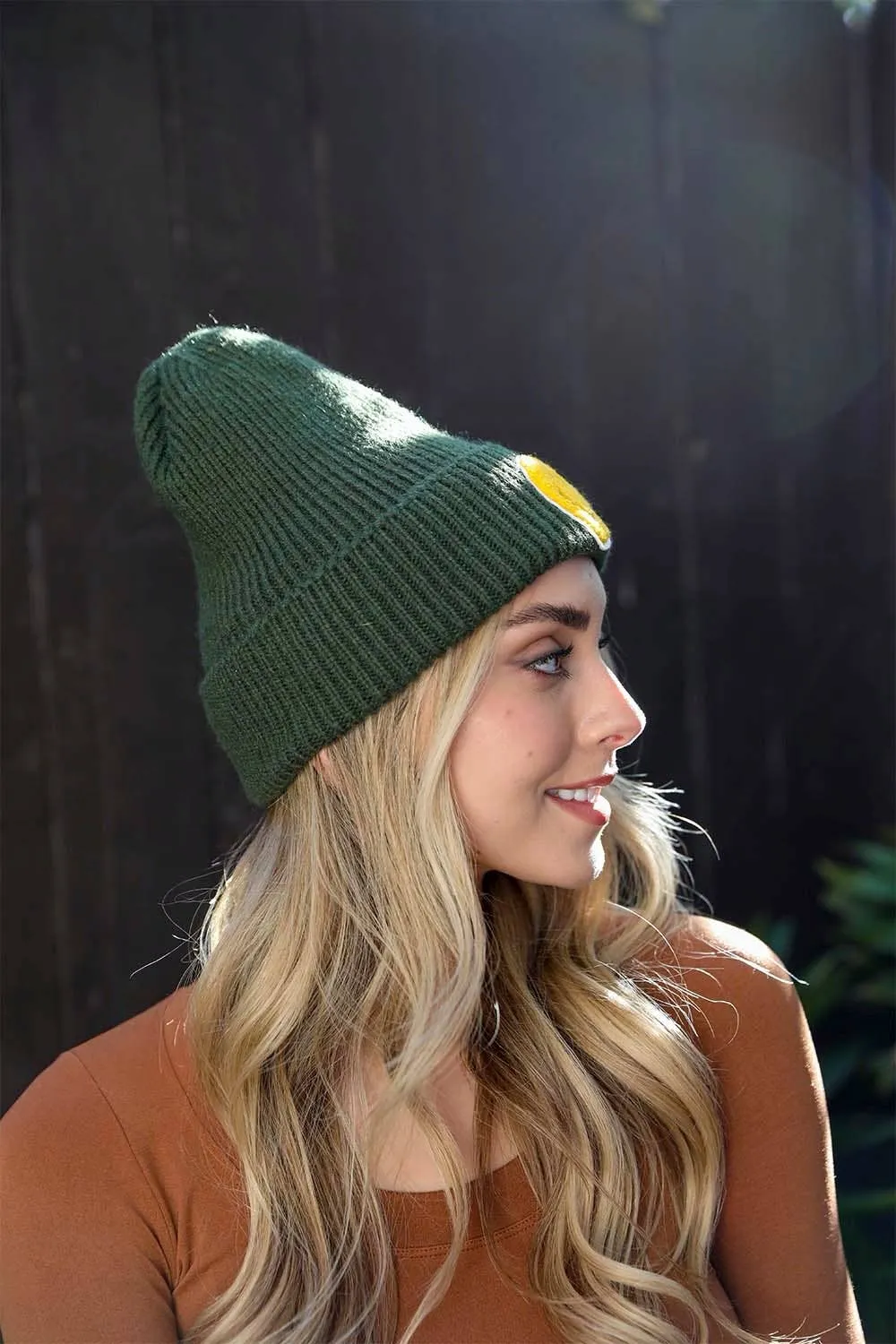 Smiley Face Ribbed Beanie (Olive)