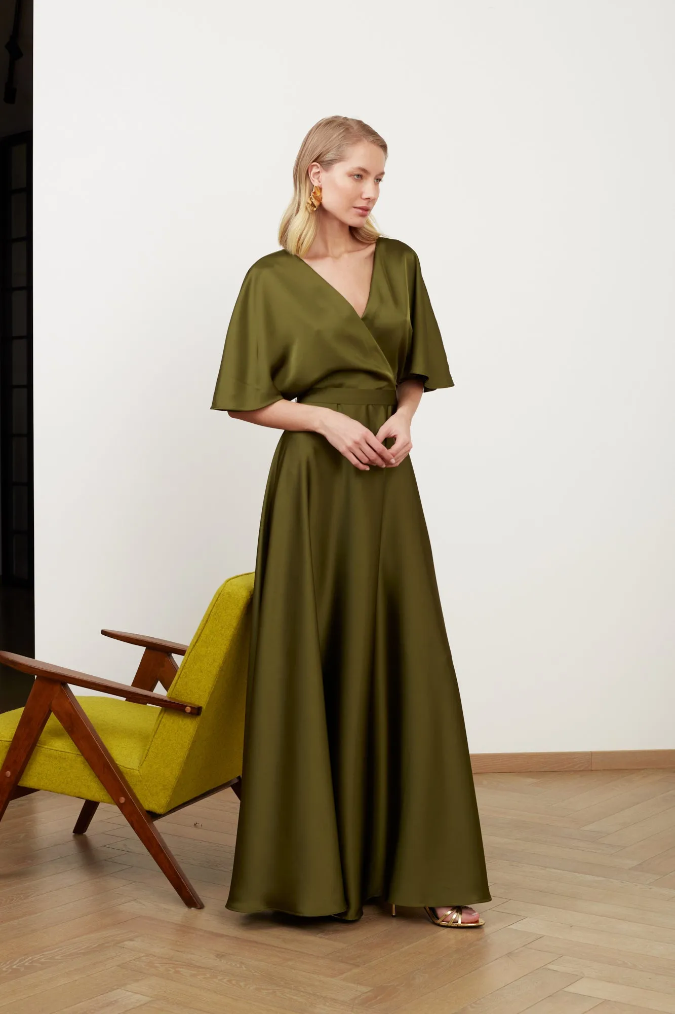 SOLENE olive green satin long dress for wedding guest