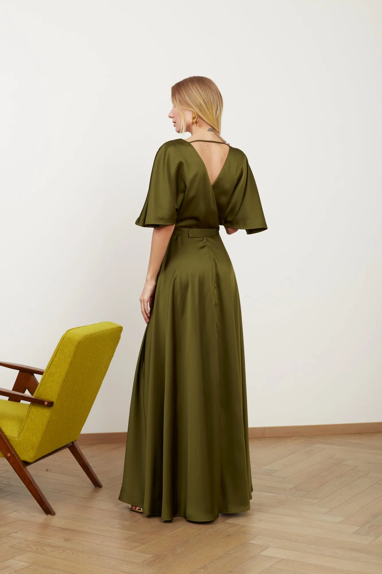 SOLENE olive green satin long dress for wedding guest