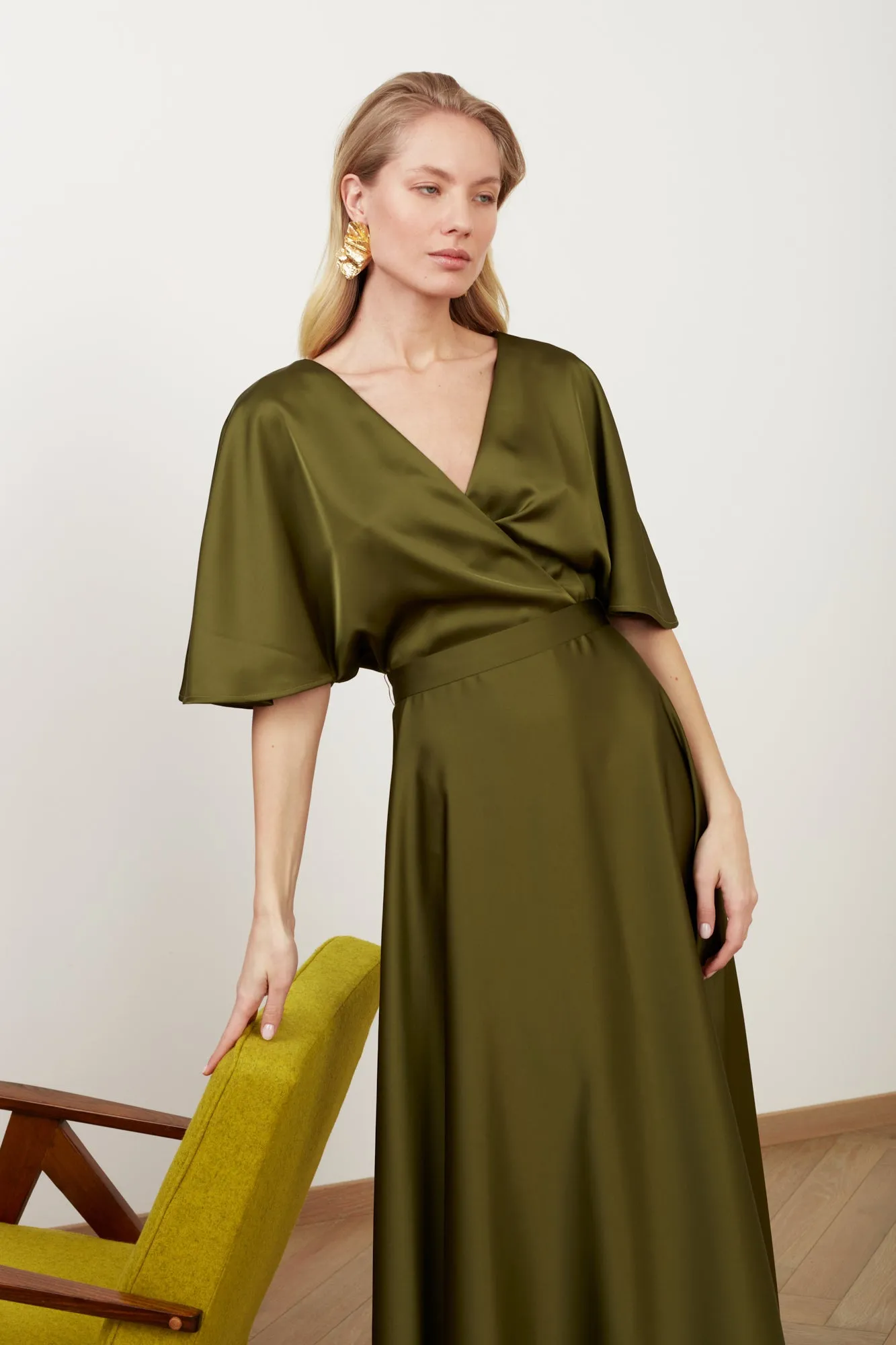 SOLENE olive green satin long dress for wedding guest