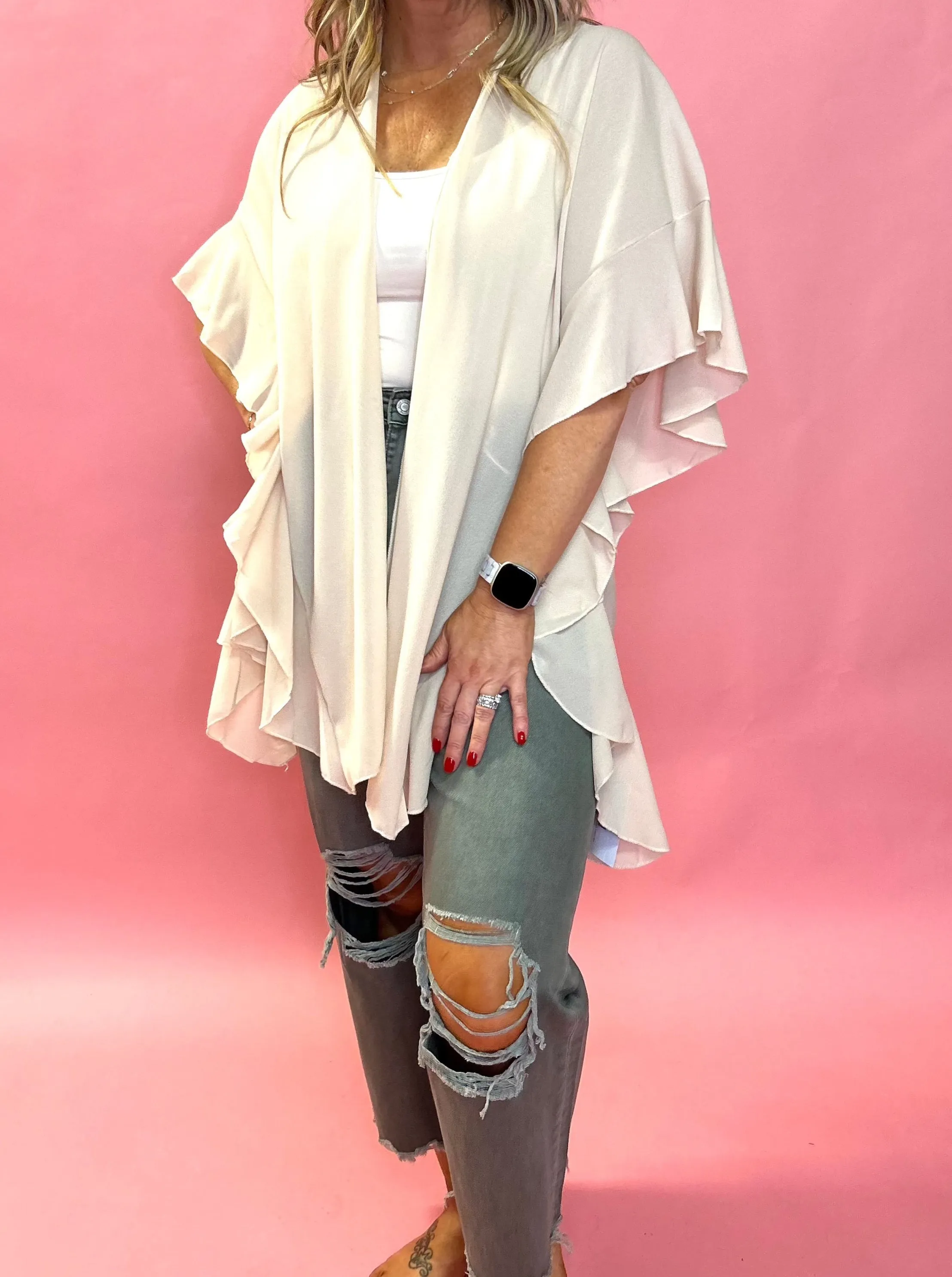 Solid Chiffon Ruffled Sleeve Kimono Cardigan in Beige