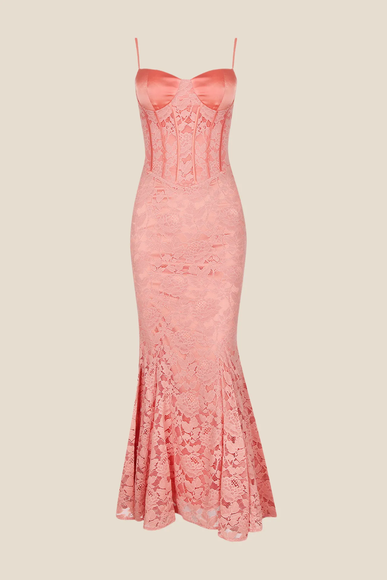 Spaghetti Straps Orange Lace Mermaid Long Dress