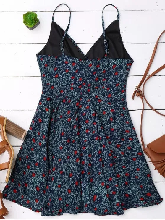 TastyHottie - Trendy Slip Leaf Print Surplice Skater Dress