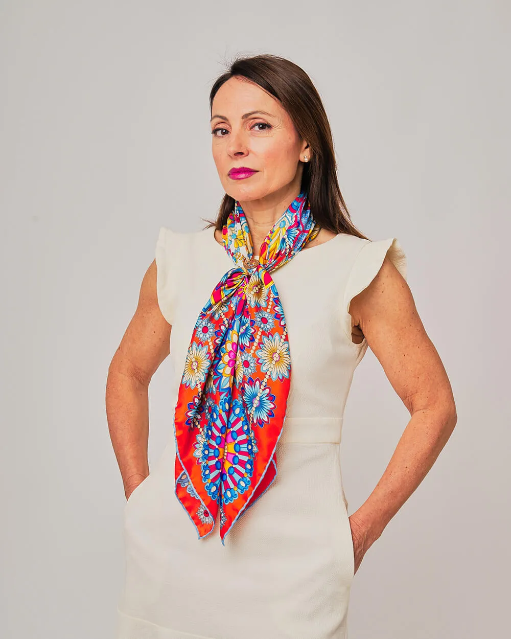 The Flower of Taormina Orange Silk Twill Scarf and Ring