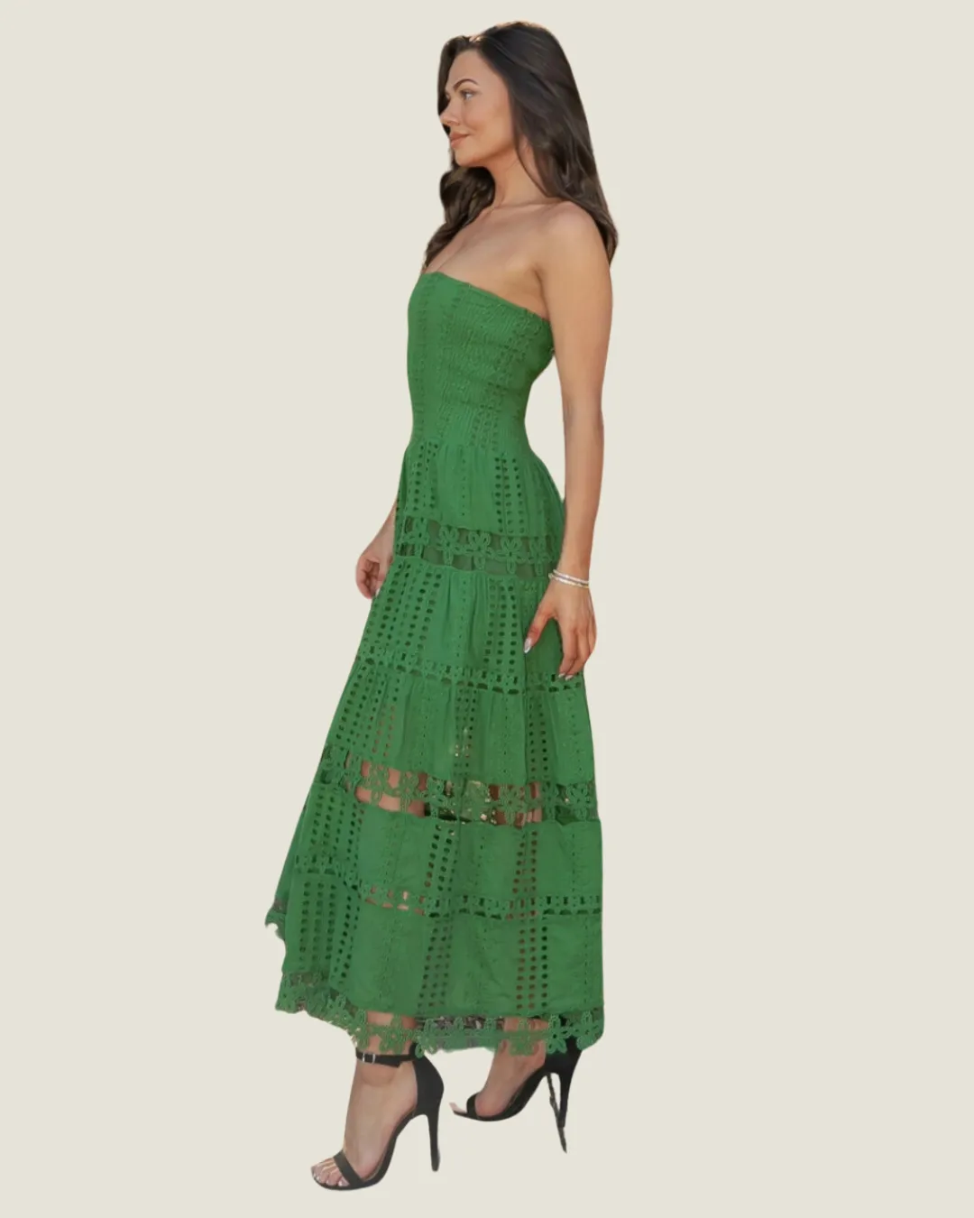 The MaryAnn: Green Eyelet Lace Strapless Mini Dress