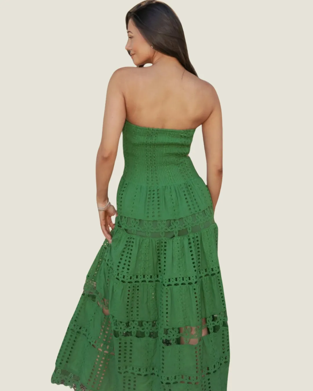 The MaryAnn: Green Eyelet Lace Strapless Mini Dress