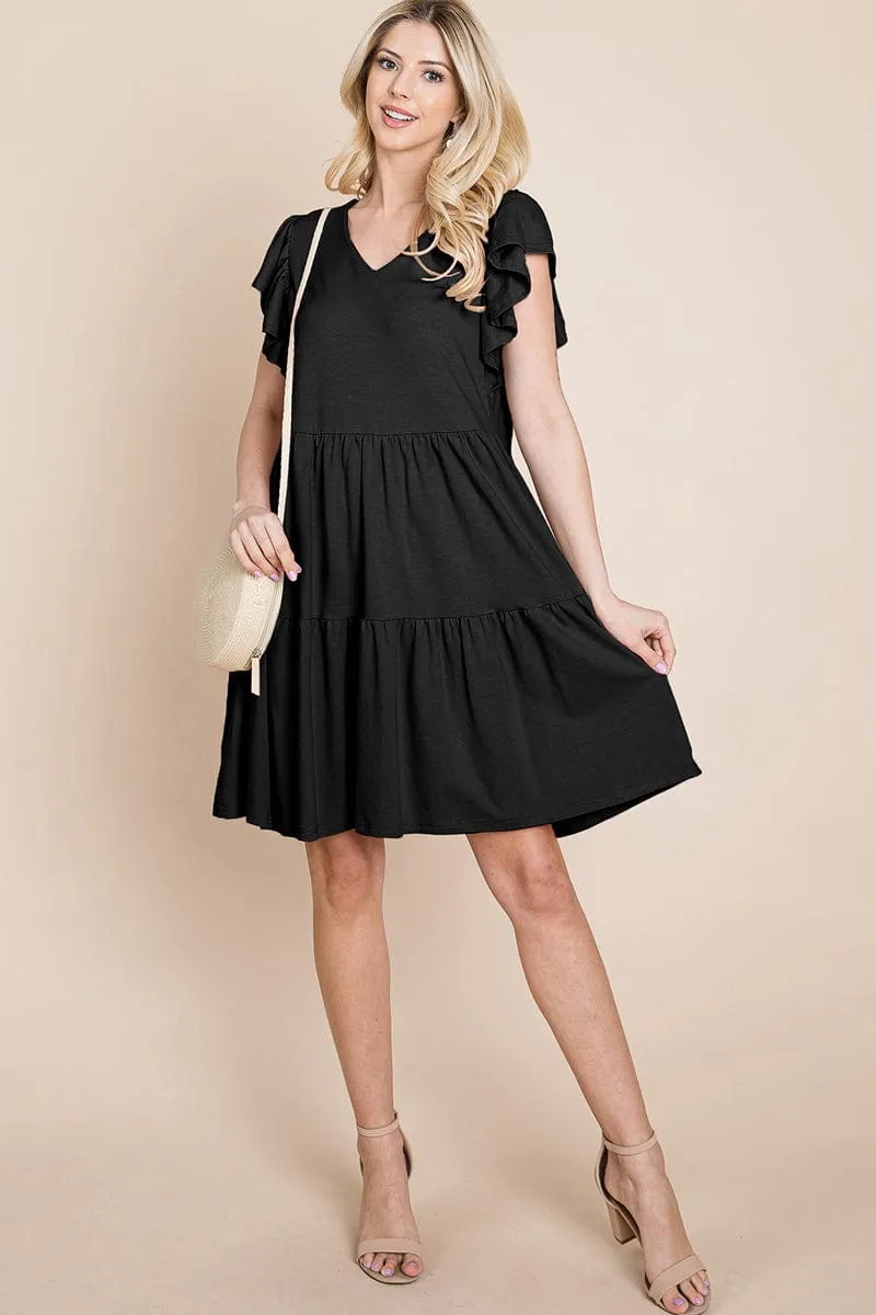 Tiered Ruffle Hem and Sleeve Cotton Dress