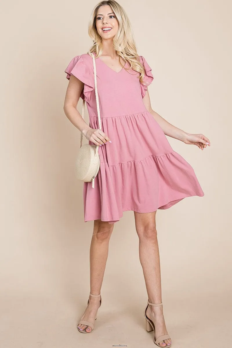 Tiered Ruffle Hem and Sleeve Cotton Dress