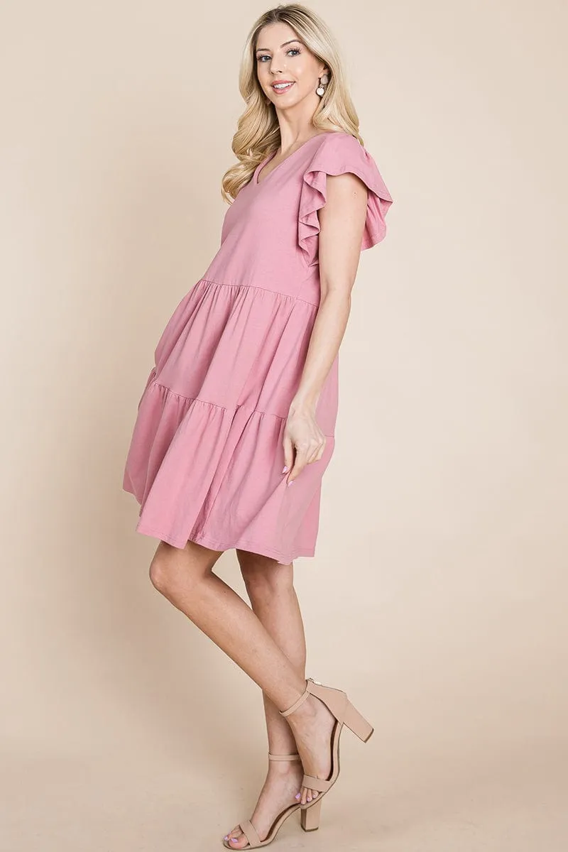 Tiered Ruffle Hem and Sleeve Cotton Dress