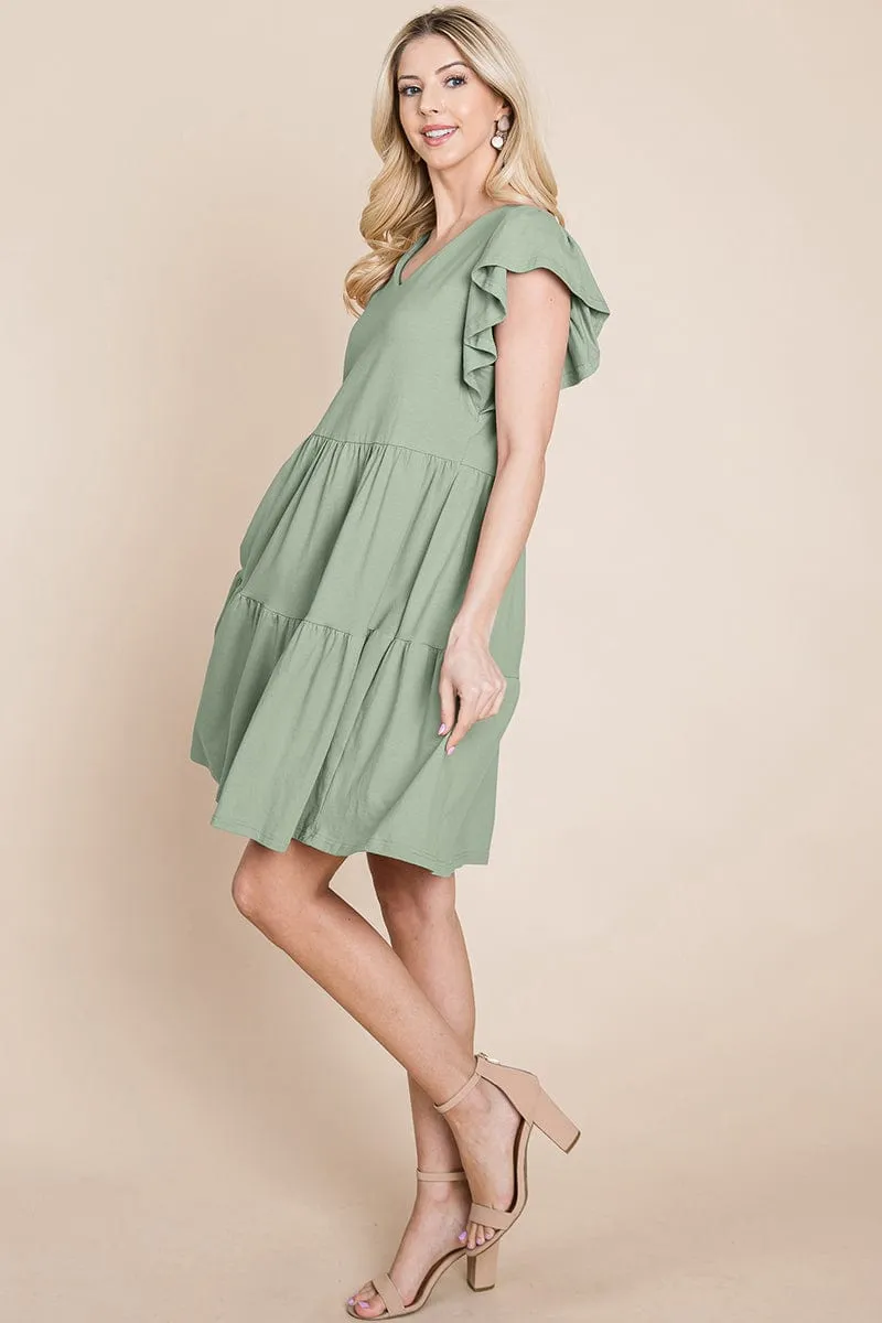 Tiered Ruffle Hem and Sleeve Cotton Dress