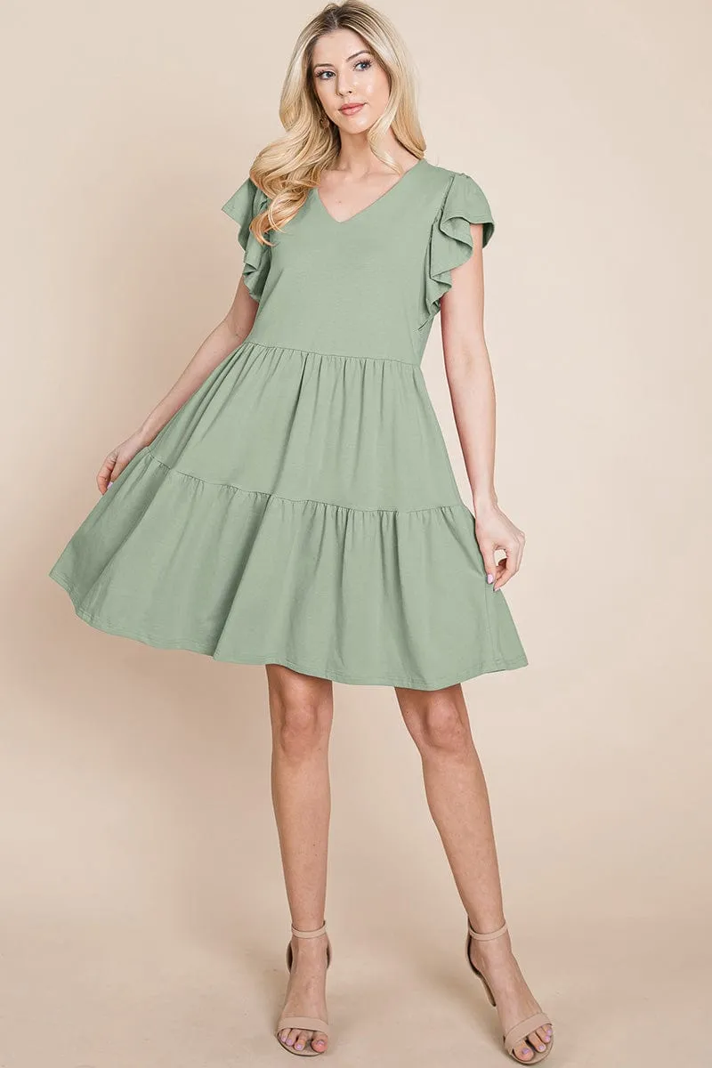 Tiered Ruffle Hem and Sleeve Cotton Dress