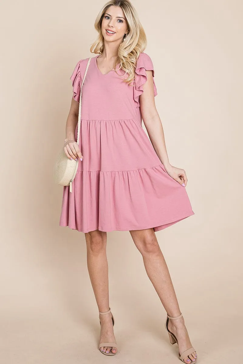 Tiered Ruffle Hem and Sleeve Cotton Dress