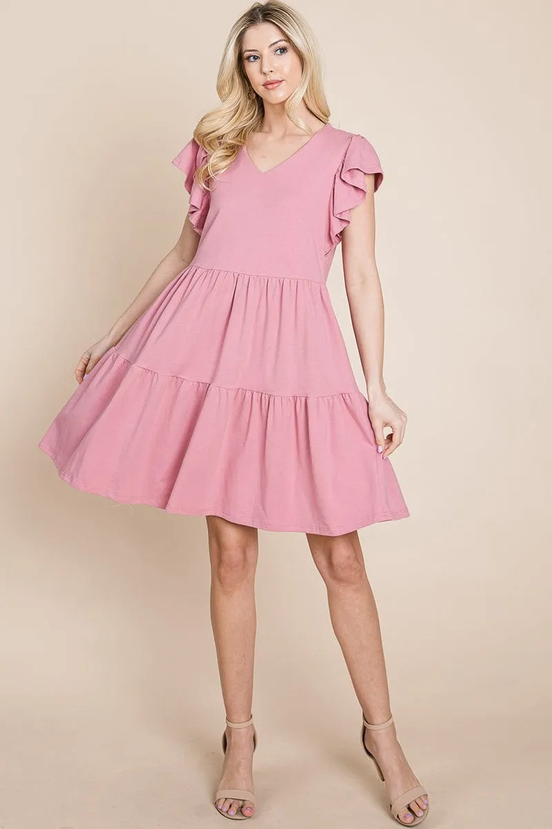 Tiered Ruffle Hem and Sleeve Cotton Dress