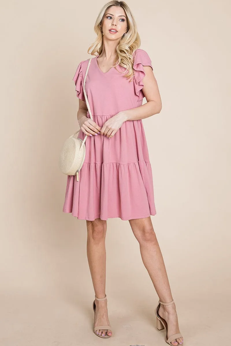 Tiered Ruffle Hem and Sleeve Cotton Dress