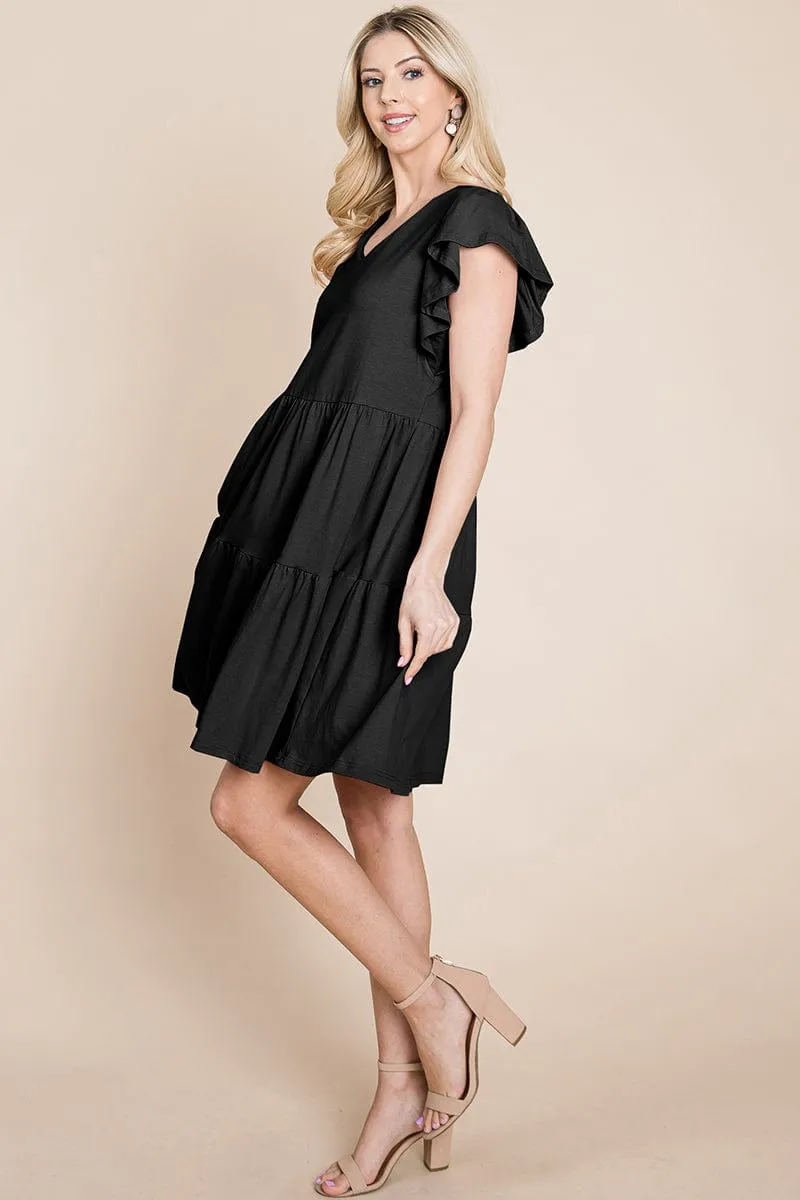 Tiered Ruffle Hem and Sleeve Cotton Dress