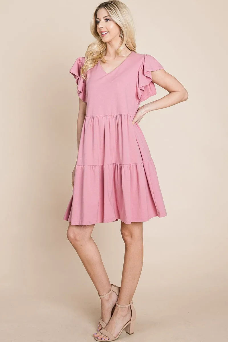 Tiered Ruffle Hem and Sleeve Cotton Dress