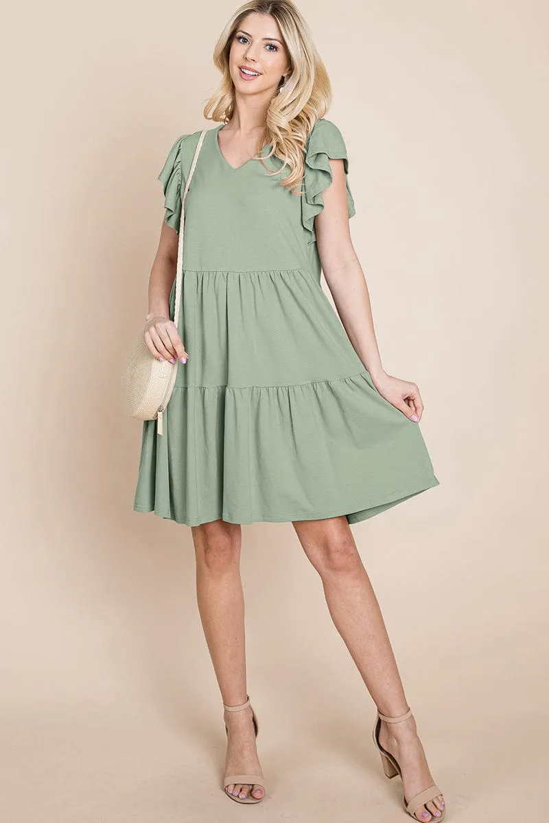 Tiered Ruffle Hem and Sleeve Cotton Dress