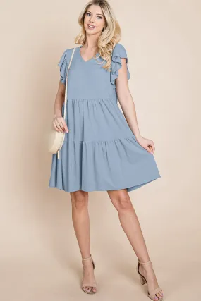 Tiered Ruffle Hem and Sleeve Cotton Dress