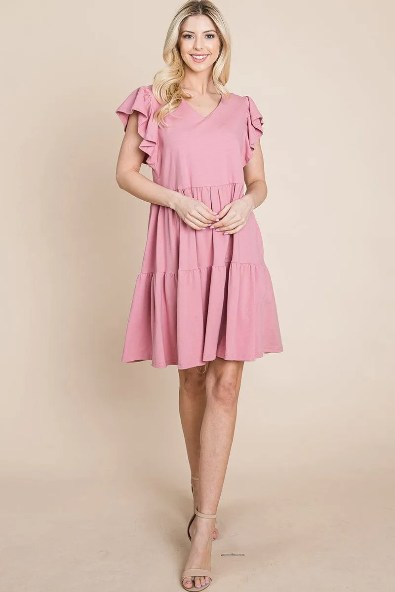 Tiered Ruffle Hem and Sleeve Cotton Dress