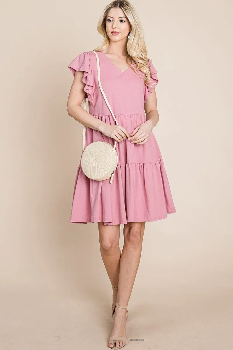 Tiered Ruffle Hem and Sleeve Cotton Dress