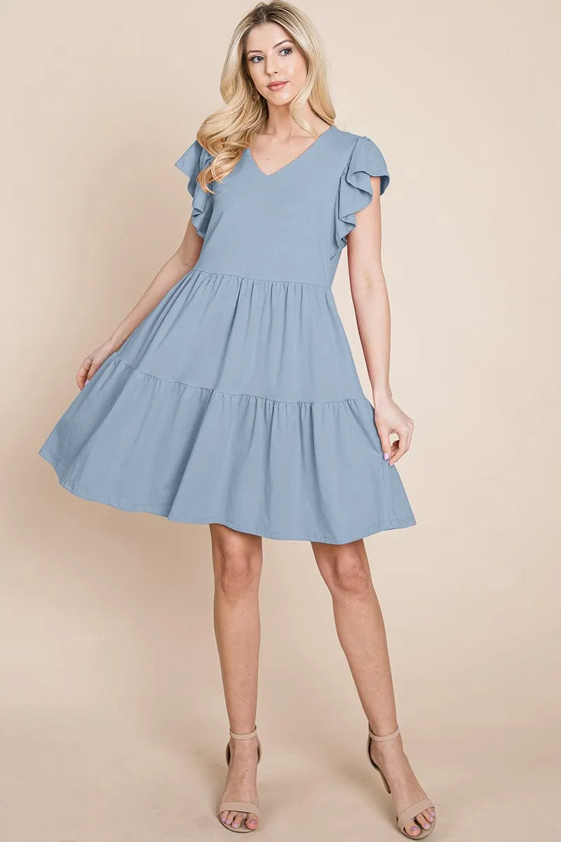 Tiered Ruffle Hem and Sleeve Cotton Dress