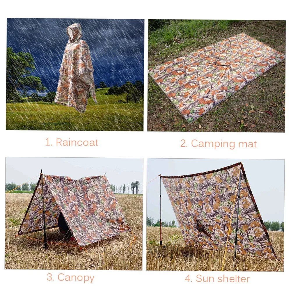 TOMSHOO 3 in 1 Rain Cover Poncho with Hood Hiking Cycling Rain Cover Poncho Coat Outdoor Camping Tent Awning Mat Camouflage