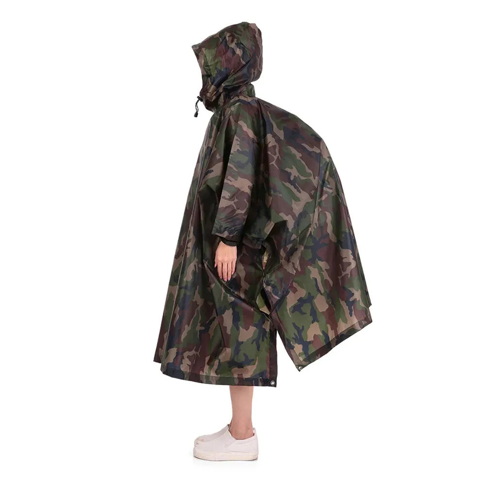 TOMSHOO 3 in 1 Rain Cover Poncho with Hood Hiking Cycling Rain Cover Poncho Coat Outdoor Camping Tent Awning Mat Camouflage