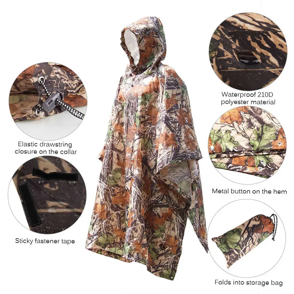 TOMSHOO 3 in 1 Rain Cover Poncho with Hood Hiking Cycling Rain Cover Poncho Coat Outdoor Camping Tent Awning Mat Camouflage