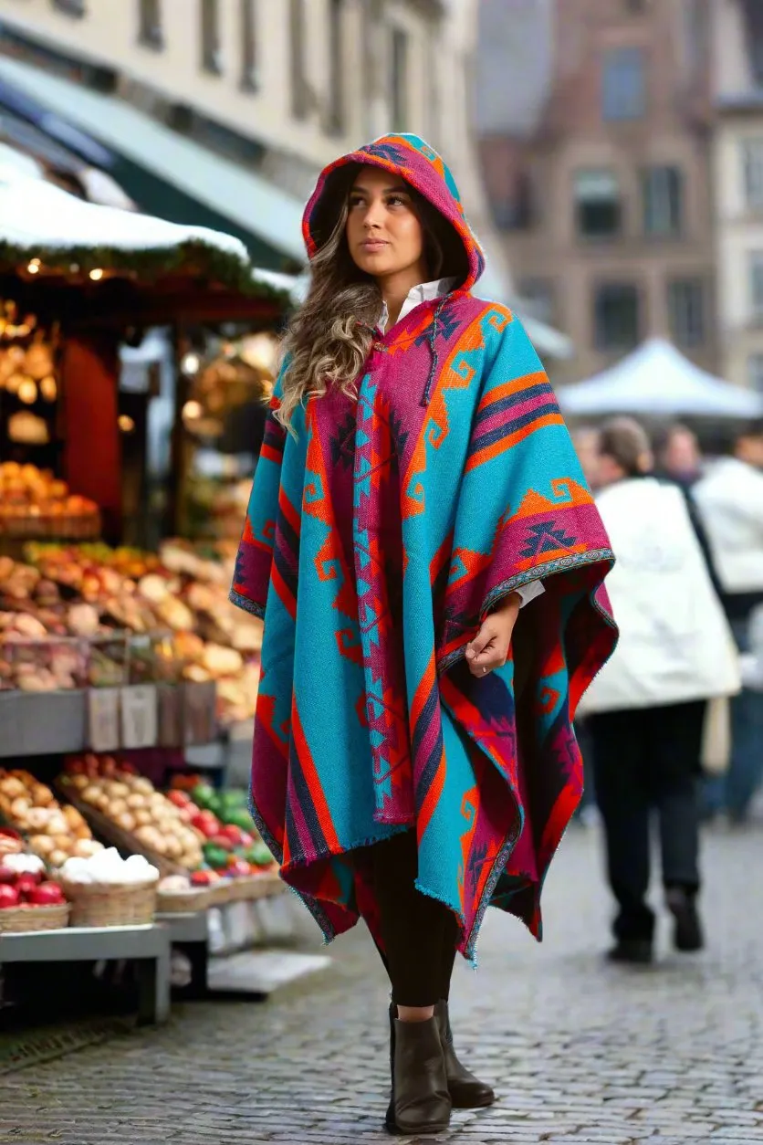 Turquoise and Purple Llama wool Ponchos