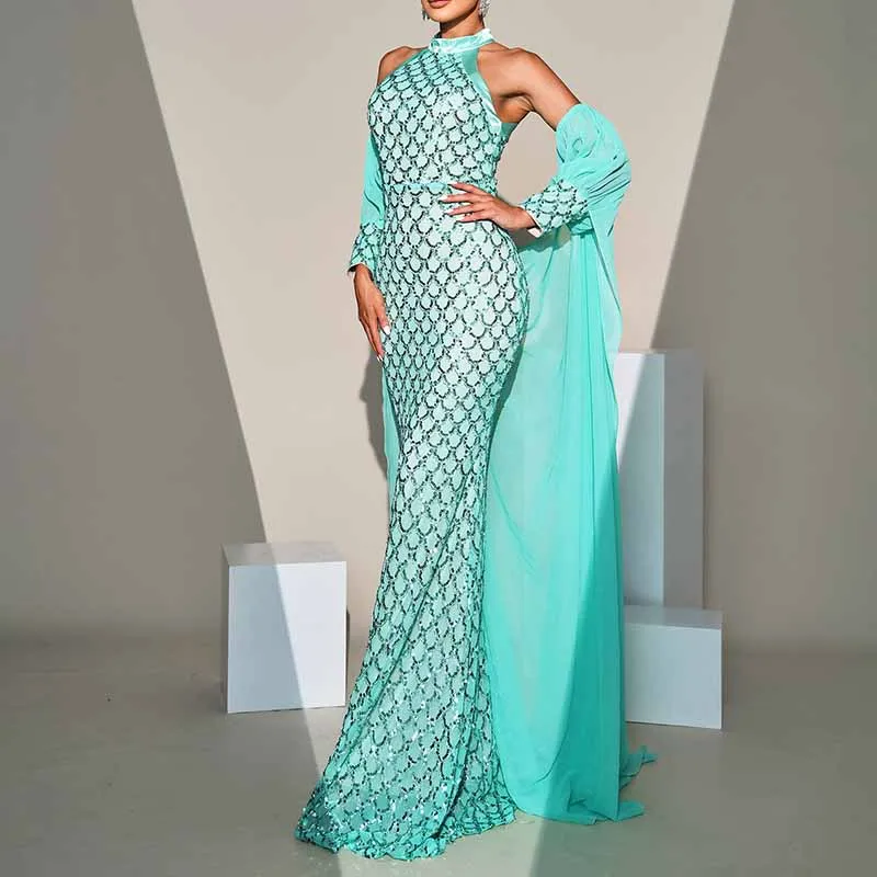 Turquoise Prom Dress Halter Neck with Caped Sequin Mermaid Evening Dress