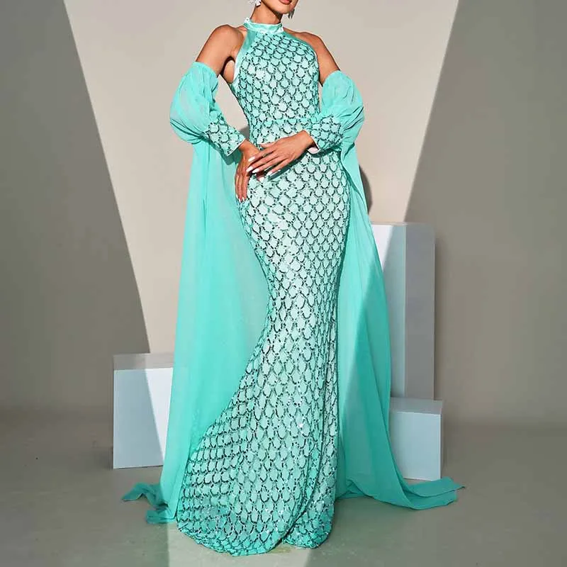 Turquoise Prom Dress Halter Neck with Caped Sequin Mermaid Evening Dress