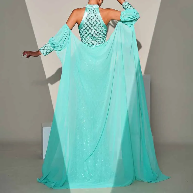 Turquoise Prom Dress Halter Neck with Caped Sequin Mermaid Evening Dress