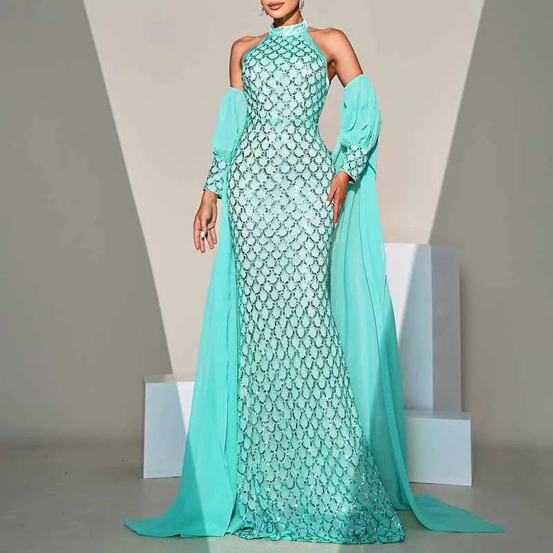 Turquoise Prom Dress Halter Neck with Caped Sequin Mermaid Evening Dress